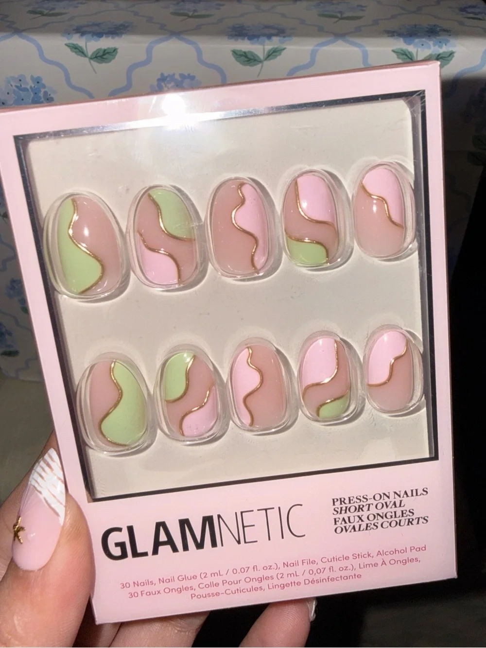 Glamnetic Pink & Green Press-On Short Oval Nails